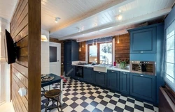 Living room kitchen interior with clapboard