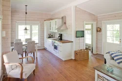 Living room kitchen design in a house with clapboard