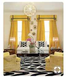 Mustard-colored curtains in the living room interior