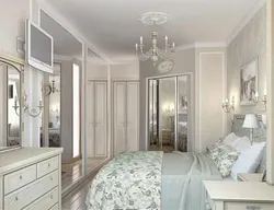 Киім-кешек бөлмесі бар ашық түстердегі жатын бөлмесінің дизайны