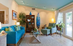 Yellow-turquoise living room interior