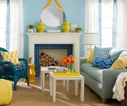 Blue and yellow in the living room interior photo