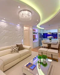 Mətbəx kombinə edilmiş tavan dizaynı ilə qonaq otağı