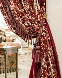 Velvet curtains in the kitchen interior
