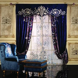 Velvet curtains in the kitchen interior