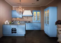 Blue color of the walls in the kitchen in the interior