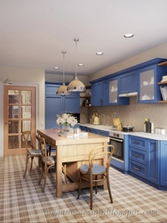 Blue color of the walls in the kitchen in the interior