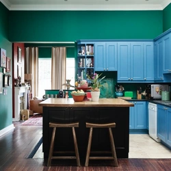 Blue color of the walls in the kitchen in the interior