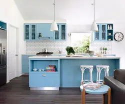 Blue color of the walls in the kitchen in the interior