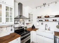 Ошхона сафед асбобҳои сиёҳ акс countertop чӯбӣ
