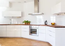 White Kitchen Black Appliances Photo Wooden Countertop