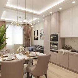 Kitchen living room in beige tones in a modern interior
