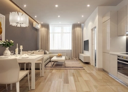 Kitchen living room in beige tones in a modern interior