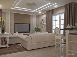 Kitchen living room in beige tones in a modern interior