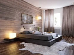 Modern bedroom interior with laminate flooring on the wall