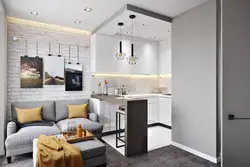 Interior of a one-room apartment with a kitchen and living room