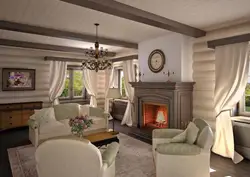 Fireplace In The Living Room Of A Wooden House Photo