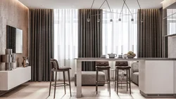 Brown curtains in the kitchen interior