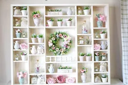 Shelves for flowers in the kitchen interior