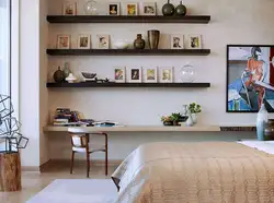 Shelves on the wall in the bedroom interior