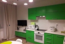 Kitchen design with green wallpaper