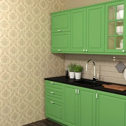 Kitchen design with green wallpaper