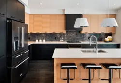 Brown Kitchen With White Countertops In The Interior