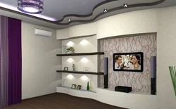 Plasterboard shelves in the living room all photos