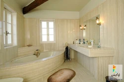 Bathtub with PVC wood panels photo