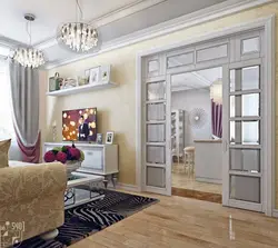 Living room interior with window and two doors