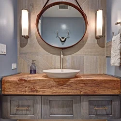 Bath interior with wooden countertop