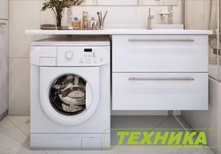 Тарҳи ҳаммом бо танӯраи countertop ва мошини ҷомашӯӣ