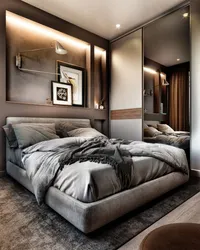 Bedroom in gray-brown color photo
