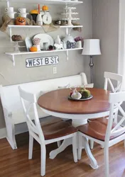 Shelves in the kitchen above the table in the interior