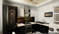 Corner kitchen interior with TV on the wall