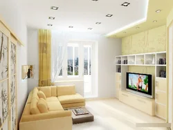 Living room design 15 sq m in a modern style with a balcony