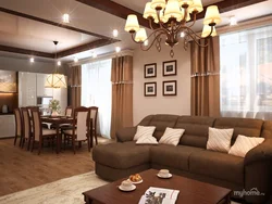 Interior With Brown Kitchen Living Room