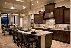 Interior with brown kitchen living room