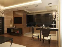 Interior with brown kitchen living room