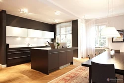 Interior with brown kitchen living room