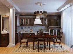 Interior with brown kitchen living room