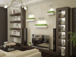 Living room interior in an apartment with shelves photo