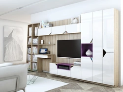 Wall in the living room with a computer desk in a modern style photo
