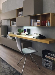 Wall in the living room with a computer desk in a modern style photo