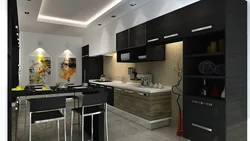 Kitchen interior with suspended black ceiling