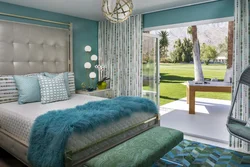 Bedroom interior with turquoise bed
