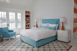 Bedroom interior with turquoise bed