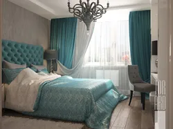 Bedroom interior with turquoise bed