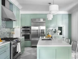 What colors go with gray and white in the kitchen interior