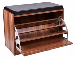 Shoe rack with a seat in the hallway photo and a shelf for shoes